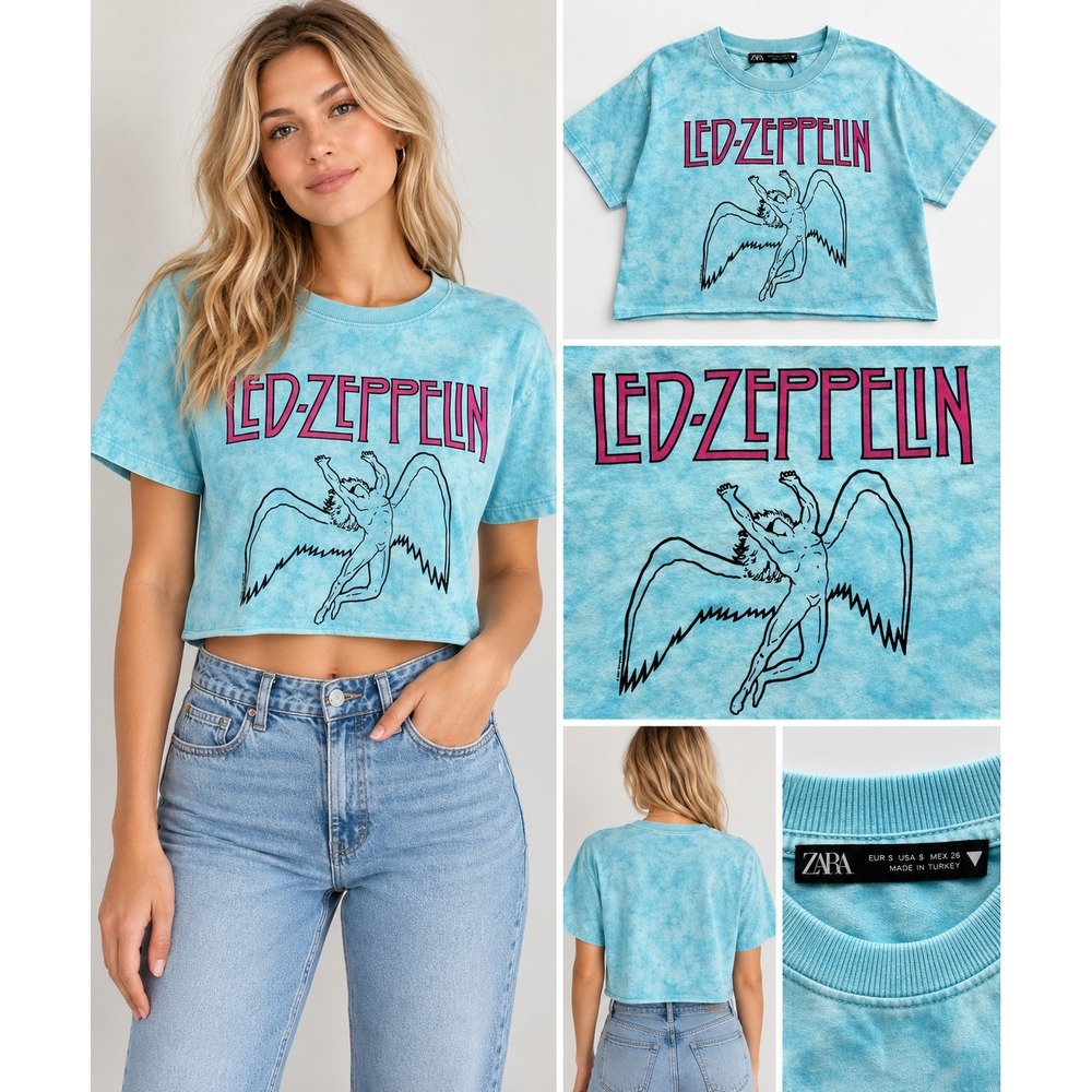 Zara Led Zeppelin Iconic Black Icarus Graphic Crop Top Tee Small Aqua Blue Pink